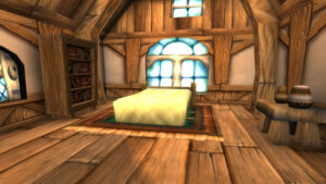A cozy wooden room in Azeroth with a made bed